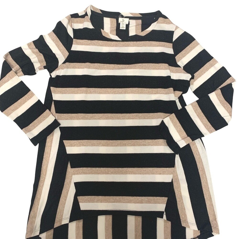 B New York Striped Long‎ Sleeve Tunic Top Womens Medium Black Tan White